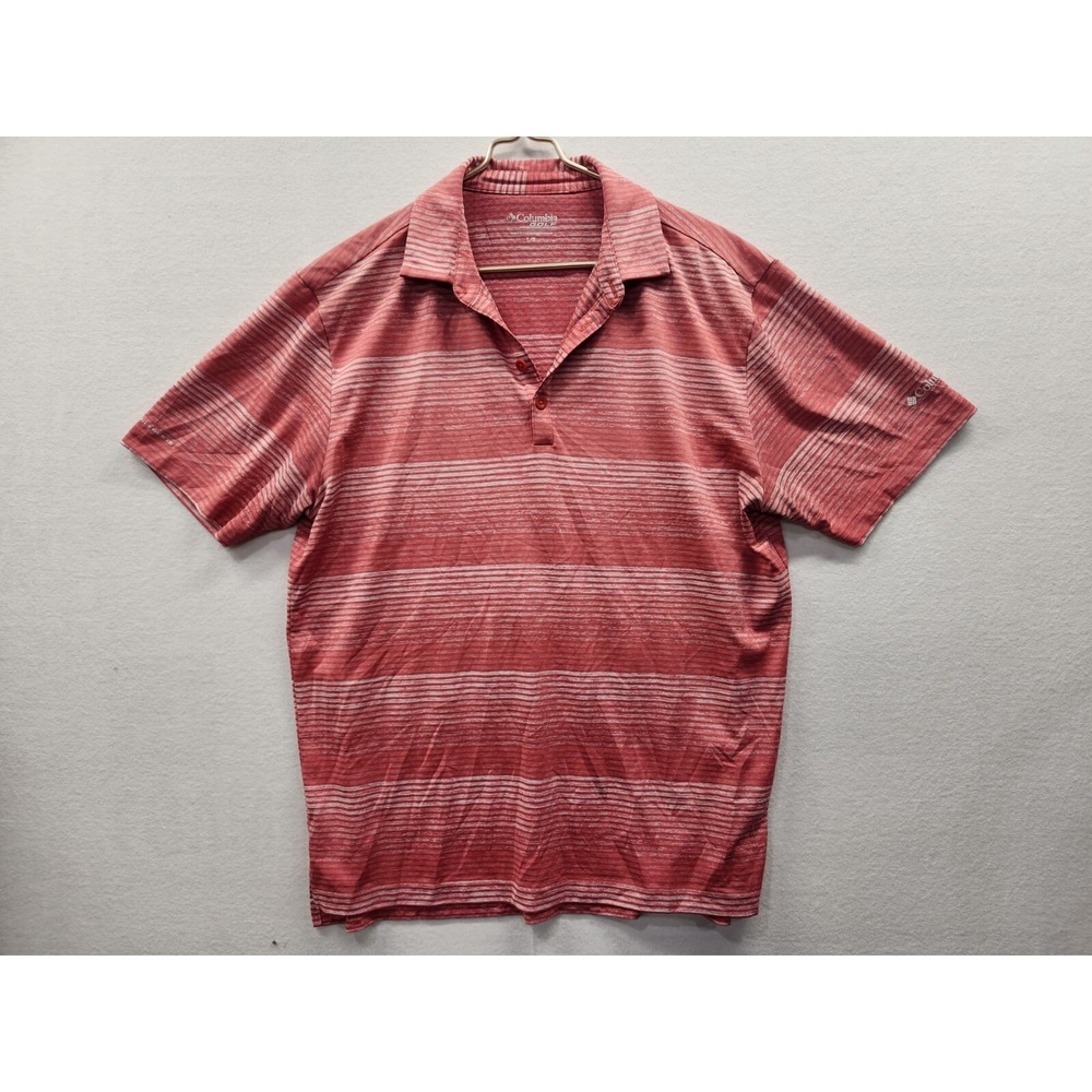 Columbia Golf Polo‎ Shirt Men's Large Red Pink Striped Short Sleeve Omni Freeze